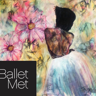 TaLi’sa’s painting of Rachael Parini, Professional Company Dancer. created for an exhibition at BalletMet In 2018. colorful yellow background with pink flowers. shows the dancer’s back, face profile hidden by hair, wearing a long white tutu skirt.
