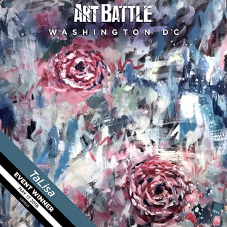 the winning paInting, abstract floral, 2 flowers, high energy in blue, white, reds. text over the image at top and bottom left corner: ART BATTLE   WASHINGTON DC   TaLsa   EVENT WINNER   MAY 17 2018   AB1659