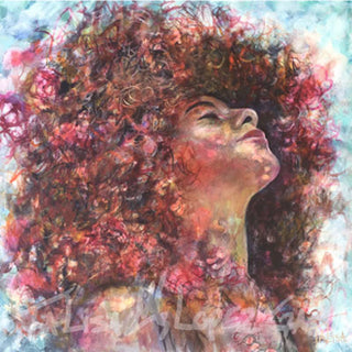 TaLi’sa’s painting of “Wildly In Control” woman in profile, head tilted back, facing towards the right with big curly flowing hair in warm red/brown. light blue mixture in the background.